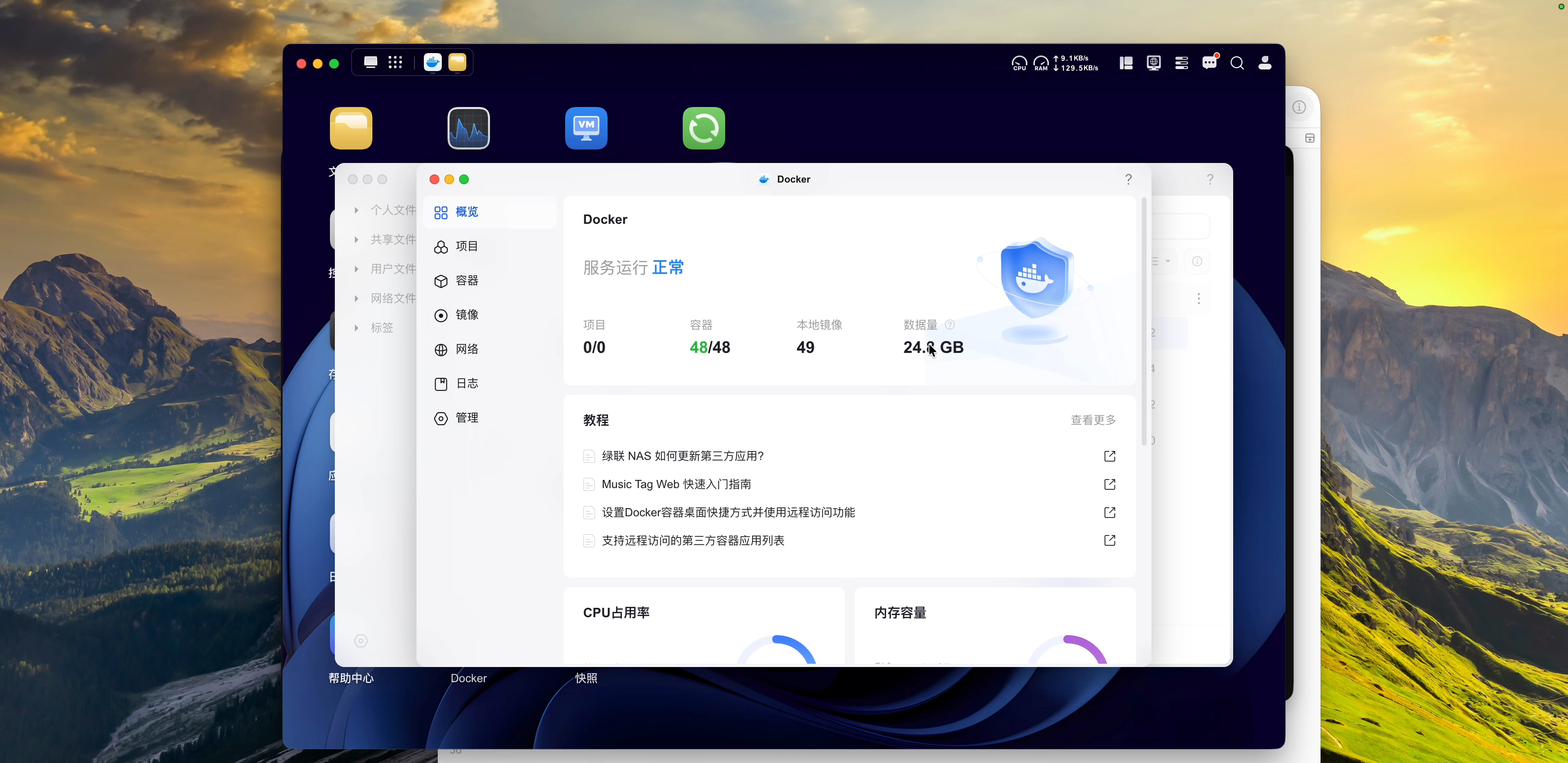 Docker 概览显示 48 个容器全部正常运行，本地镜像 49 个，数据量 24.8G